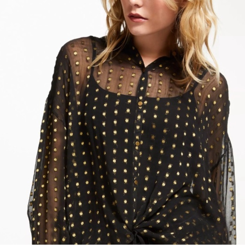 Zac & Rachel Sheer black and gold blouse Y2K button down size L